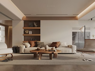 Modern Living Room Interior With Beige Sofa Throw Pillows Wooden Bookshelf And Floor Lamp 3d model
