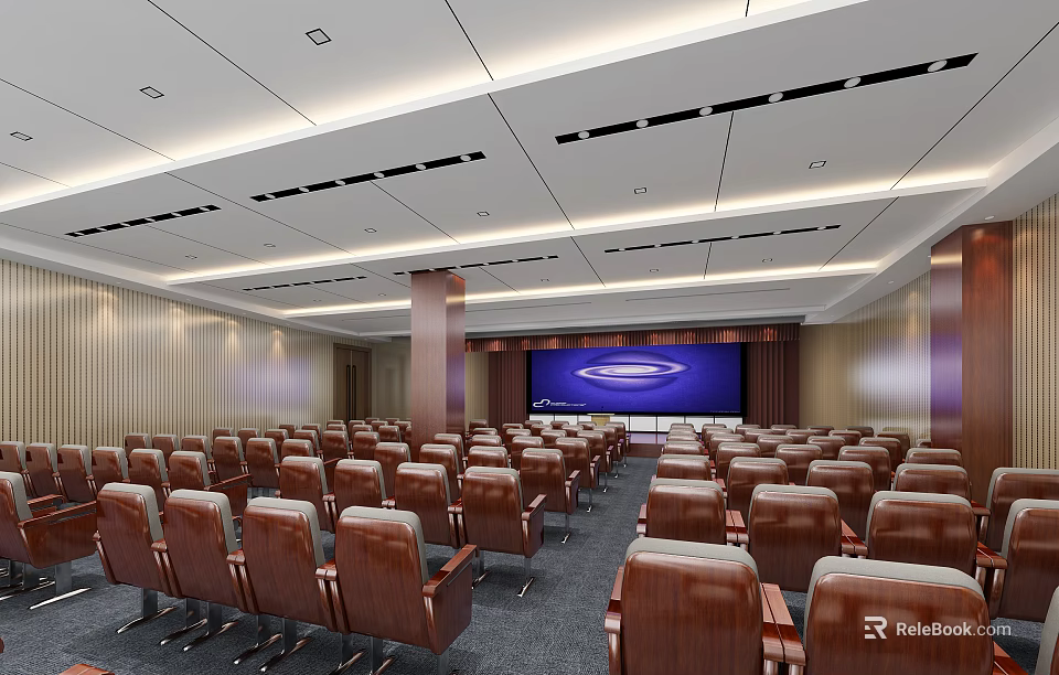 Spacious Conference Room Interior Design With Brown Chairs And Large Screen 3d model