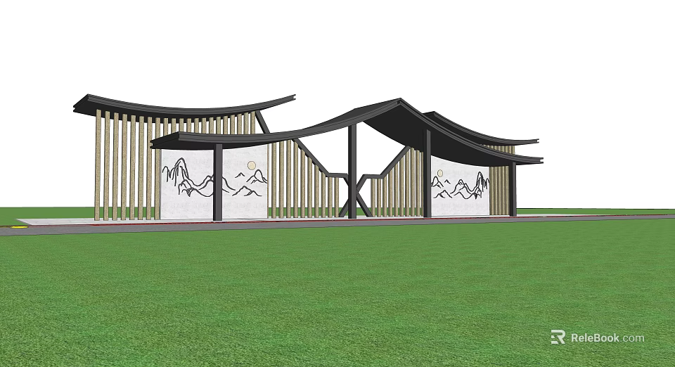 Modern Chinese Pergola With Curved Roof Wooden Strips And Landscape Painting Panels On Green Lawn 3d model 