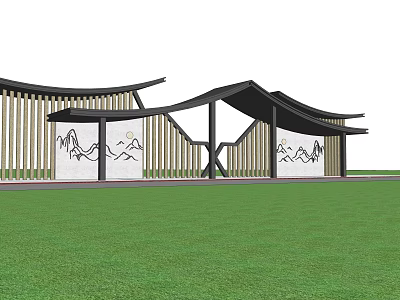 Modern Chinese Pergola With Curved Roof Wooden Strips And Landscape Painting Panels On Green Lawn 3d model