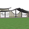 Modern Chinese Pergola With Curved Roof Wooden Strips And Landscape Painting Panels On Green Lawn