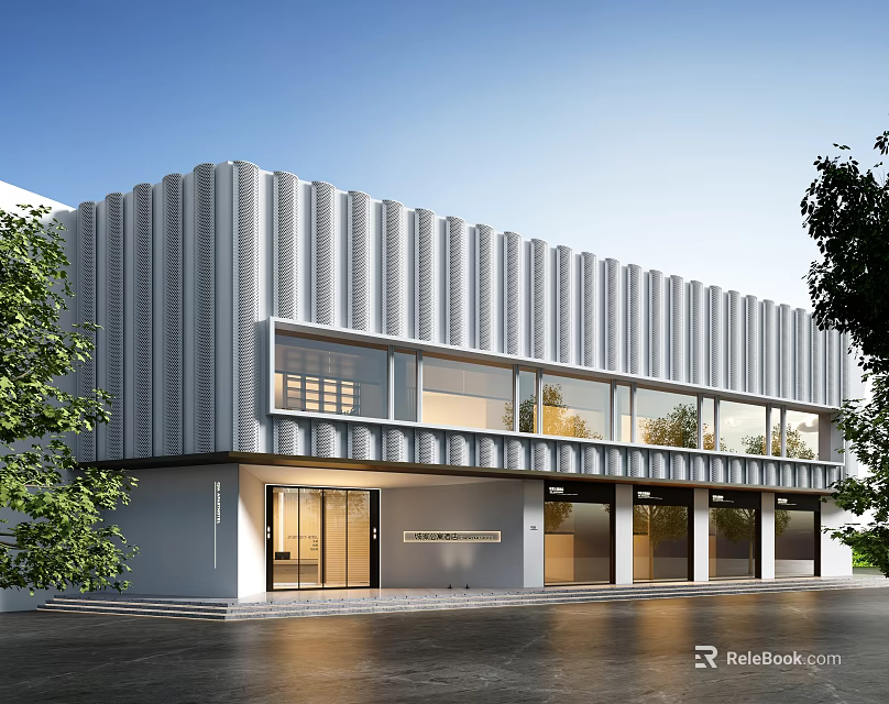 Modern Commercial Storefront with Gray Vertical Striped Facade Glass Doors Windows and Surrounding Trees 3d model 