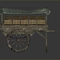 Vintage Wooden Hand Cart With Striped Canopy And Rustic Wooden Wheels
