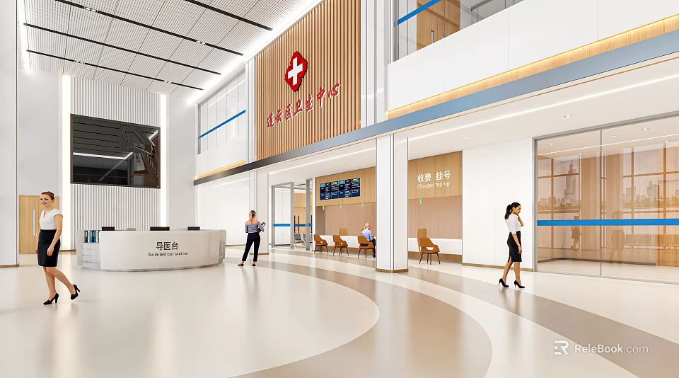 Modern Hospital Outpatient Lobby With Service Desk And Waiting Area 3d model 