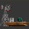 Modern Decorative Model Scene With Windmill Boat Small House Green Barrel And Paddle