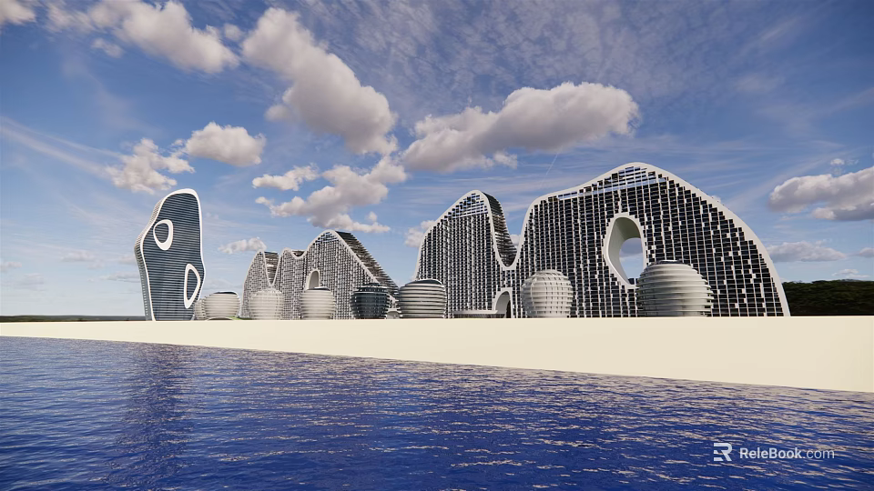 Modern Waterfront Architectural Structures Featuring Curved Design Circular Elements Blue Sky And Water View 3d model