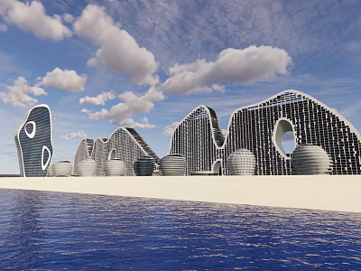 Modern Waterfront Architectural Structures Featuring Curved Design Circular Elements Blue Sky And Water View 3d model