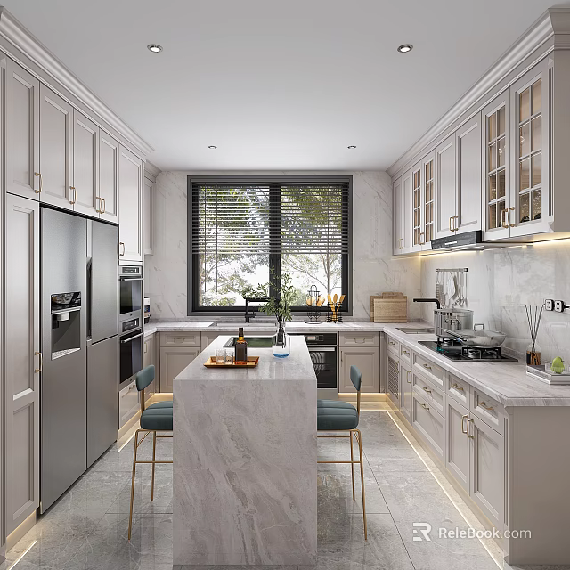 Modern Kitchen with Marble Island Light Colored Cabinets Stainless Steel Appliances Window and Bar Stools 3d model 