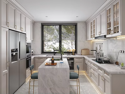 Modern Kitchen with Marble Island Light Colored Cabinets Stainless Steel Appliances Window and Bar Stools 3d model