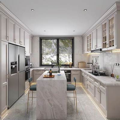 Modern Kitchen with Marble Island Light Colored Cabinets Stainless Steel Appliances Window and Bar Stools 3d model
