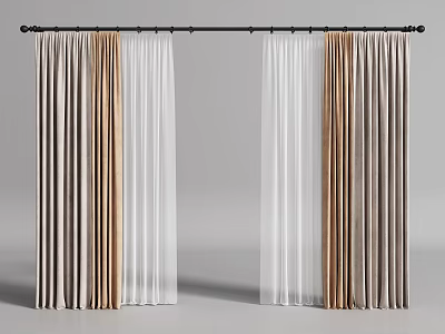 Curtains In Linen Sheer Beige White With Double Layer Design On Gray Background Rod 3d model