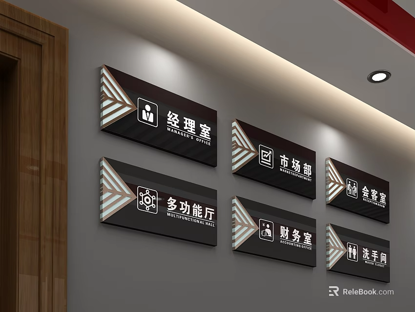 Indoor Office Directional Signage For Manager Office Marketing Department And Restroom Areas 3d model 