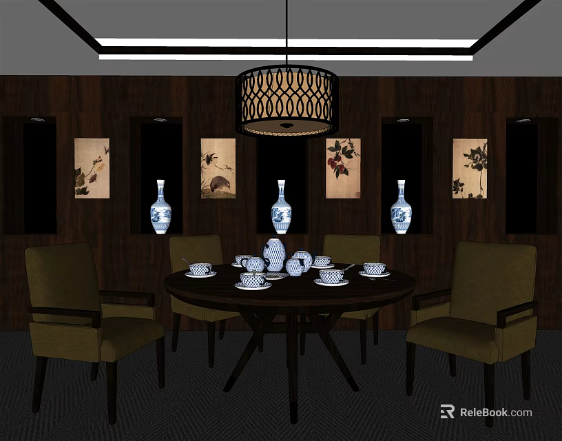 Traditional Round Dining Table Set with Tea Set Chairs and Wooden Wall Decorative Paintings 3d model 