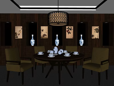 Traditional Round Dining Table Set with Tea Set Chairs and Wooden Wall Decorative Paintings 3d model