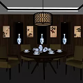 Traditional Round Dining Table Set with Tea Set Chairs and Wooden Wall Decorative Paintings