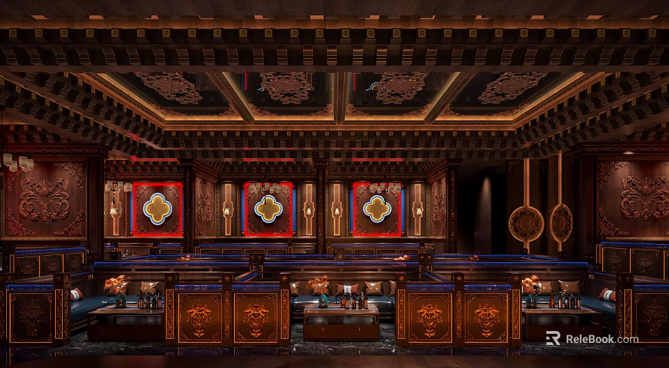Traditional Ornate Bar Interior With Carved Ceiling Wooden Panels And Decorative Art 3d model 