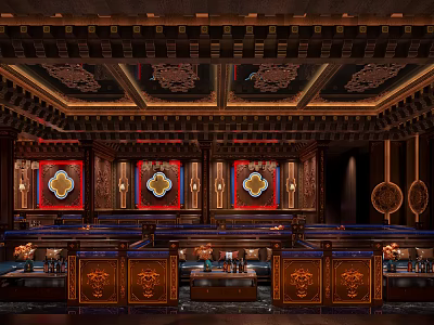Traditional Ornate Bar Interior With Carved Ceiling Wooden Panels And Decorative Art 3d model