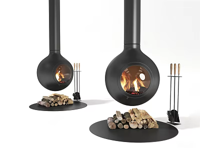 Modern Hanging Black Fireplaces With Burning Flames Wood Logs And Tools 3d model