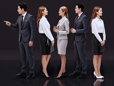 Group of Business Professionals in Formal Attire Standing with Documents and Coffee 3d model