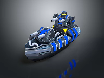 Futuristic Gray And Blue Combat Boat 3D Model With Dual Cannons And Thrusters 3d model