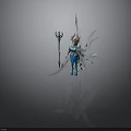 Fantasy Female Character With Blue Silver Armor Horned Head And Transparent Wings