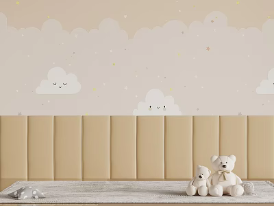 Upholstered Headboard In Kids Bedroom With Cloud Wall Art And Plush Toys 3d model