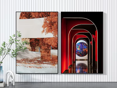 Modern Wall Art Decor Featuring Autumn Leaves Red Archway And Circular Painting 3d model