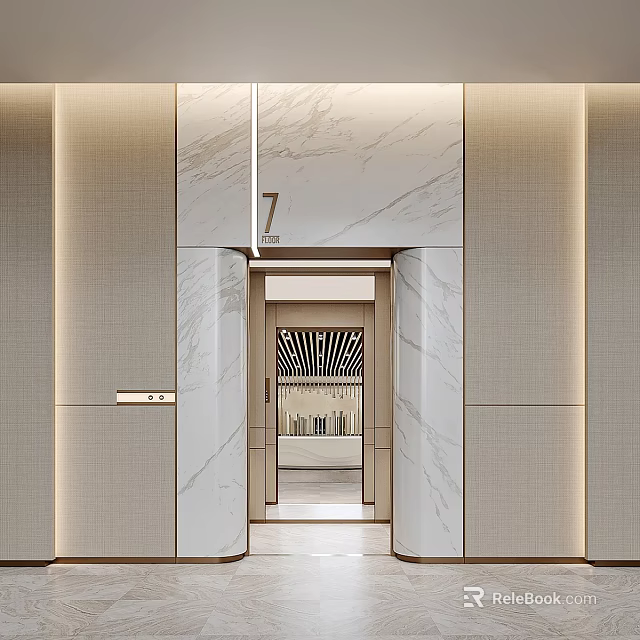 Elegant Elevator Entrance With Marble Walls Number 7 And Modern Lighting Design 3d model 