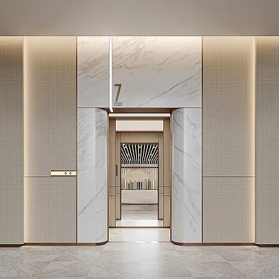 Elegant Elevator Entrance With Marble Walls Number 7 And Modern Lighting Design 3d model