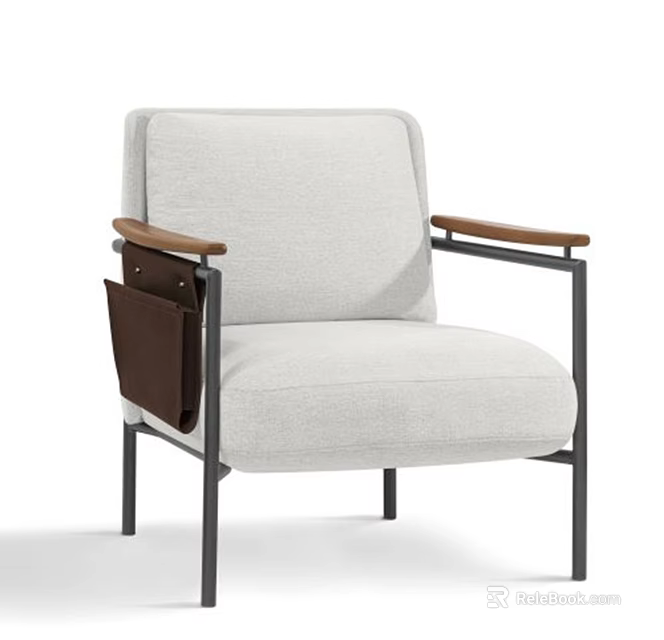 Modern Accent Chair Light Gray Upholstered Fabric With Wooden Armrests Metal Legs And Side Pocket 3d model 