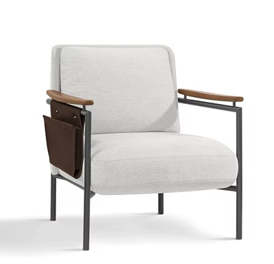 Modern Accent Chair Light Gray Upholstered Fabric With Wooden Armrests Metal Legs And Side Pocket 3d model