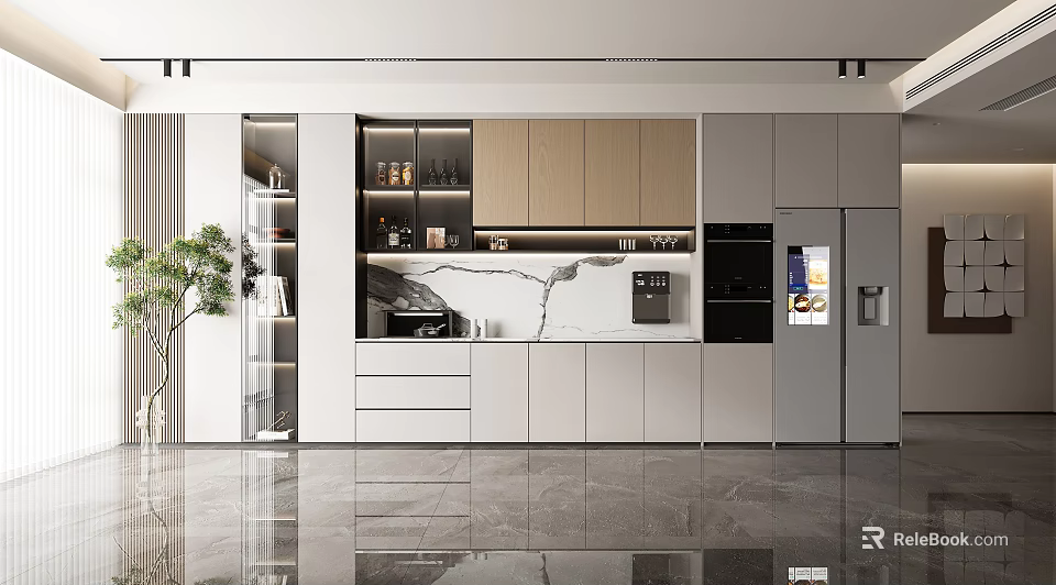 Modern Kitchen Interior Design With Marble Island Counter Cabinets Coffee Machine And Refrigerator 3d model 