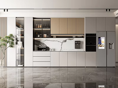 Modern Kitchen Interior Design With Marble Island Counter Cabinets Coffee Machine And Refrigerator 3d model