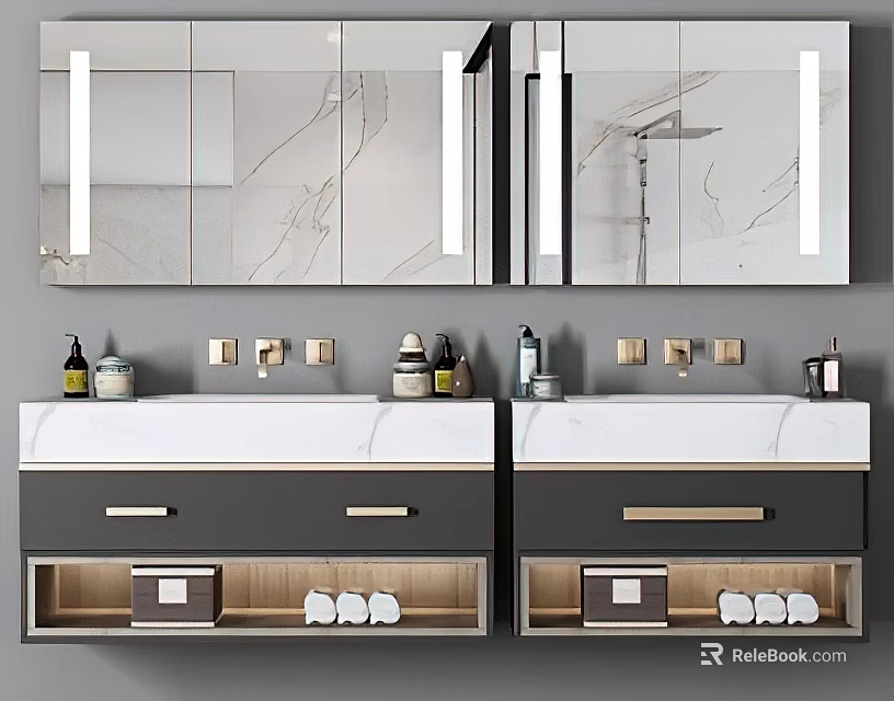 Modern Double Vanity With White Marble Countertop Grey Cabinet LED Mirror And Open Storage 3d model 