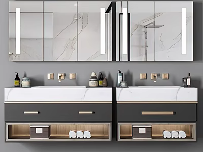 Modern Double Vanity With White Marble Countertop Grey Cabinet LED Mirror And Open Storage 3d model