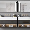 Modern Double Vanity With White Marble Countertop Grey Cabinet LED Mirror And Open Storage