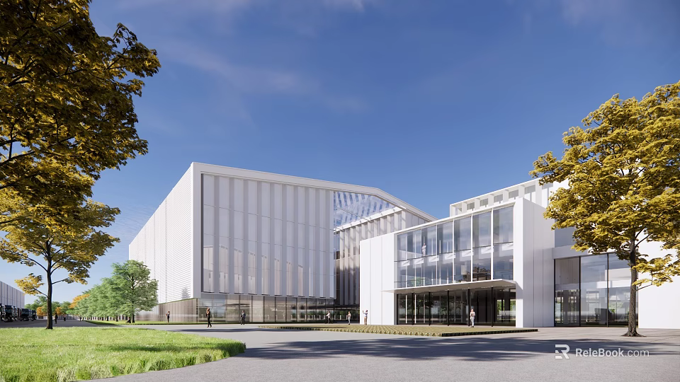 Modern Industrial Factory Building With White Facade Large Glass Windows Green Lawn And Trees 3d model 