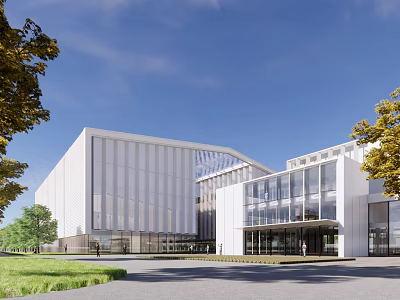Modern Industrial Factory Building With White Facade Large Glass Windows Green Lawn And Trees 3d model