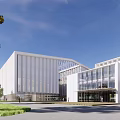 Modern Industrial Factory Building With White Facade Large Glass Windows Green Lawn And Trees
