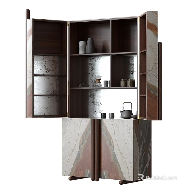 Elegant Modern Wooden Sideboard With Marble Panels Open Shelves Decorative Vases And Jars For Dining Room 3d model 