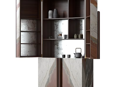 Elegant Modern Wooden Sideboard With Marble Panels Open Shelves Decorative Vases And Jars For Dining Room 3d model