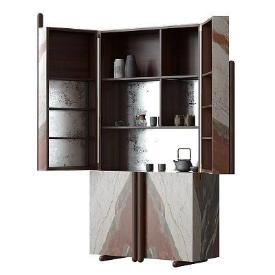 Elegant Modern Wooden Sideboard With Marble Panels Open Shelves Decorative Vases And Jars For Dining Room 3d model