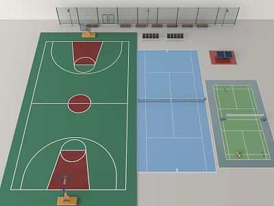 Indoor Basketball Court Design With Green Surface Red Paint Areas Hoops And Nets 3d model