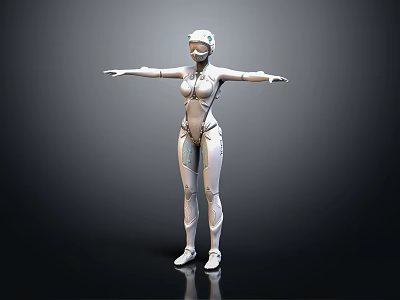 Humanoid Female Robot With White Mechanical Body In Standing Pose Arms Outstretched Against Dark Background 3d model
