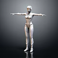 Humanoid Female Robot With White Mechanical Body In Standing Pose Arms Outstretched Against Dark Background