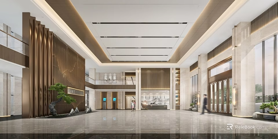 Modern Hotel Lobby Interior With Marble Floor Wooden Panel Walls And High Ceiling 3d model 