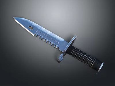 Tactical Serrated Knife With Silver Blade Black Textured Grip And Blade Hole 3d model
