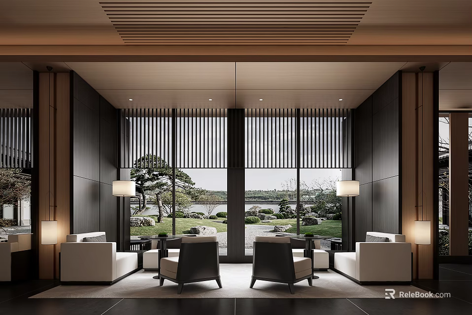 Modern Lounge Area Interior Design With Floor to Ceiling Windows Garden View And Comfortable Sofas 3d model 