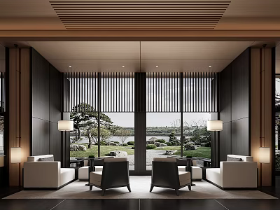 Modern Lounge Area Interior Design With Floor to Ceiling Windows Garden View And Comfortable Sofas 3d model