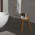 Bathroom Interior With White Bathtub Wooden Stool Towel Rack And Toiletries